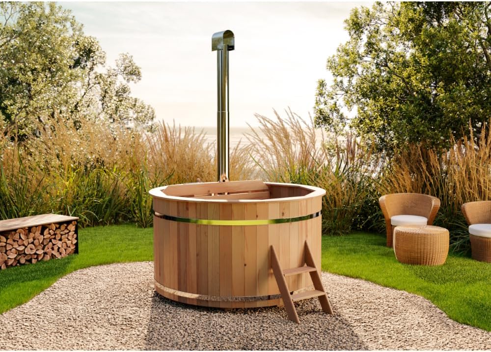 Holz Badefass Bergen. Hot Tub Ø 160 x 110 cm. inkl. Edelstahl-Ofen 22 kW und Einstiegsleiter. 3-4 Personen. Schwimmbecken. Badebottich. Sprudelbad