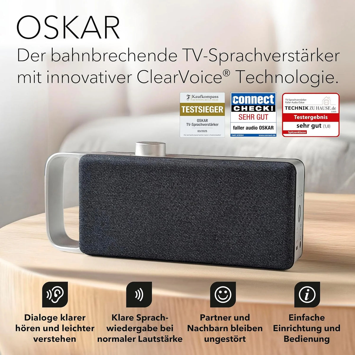 faller Oskar TV Lautsprecher/Soundbar mit Clear Voice (tragbar. kabellos. einfache Bedienung. Aluminiumgehäuse)