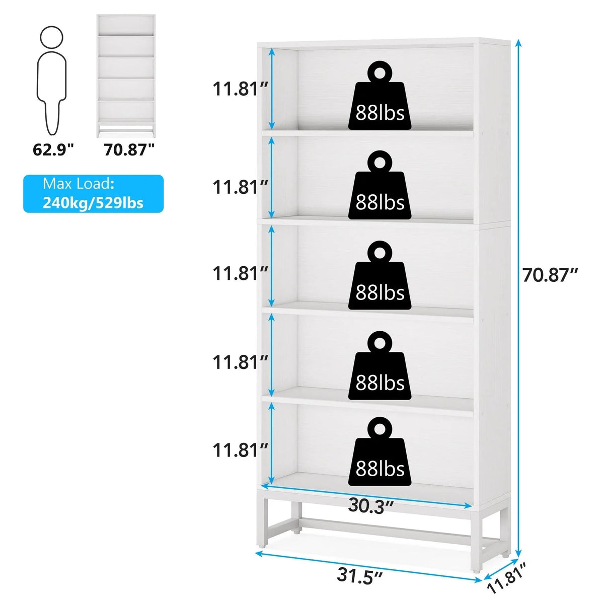 70.87 Inch Tall 5-Tier Bookcase. Large Bookshelf with 31.5 Inch Wide Storage