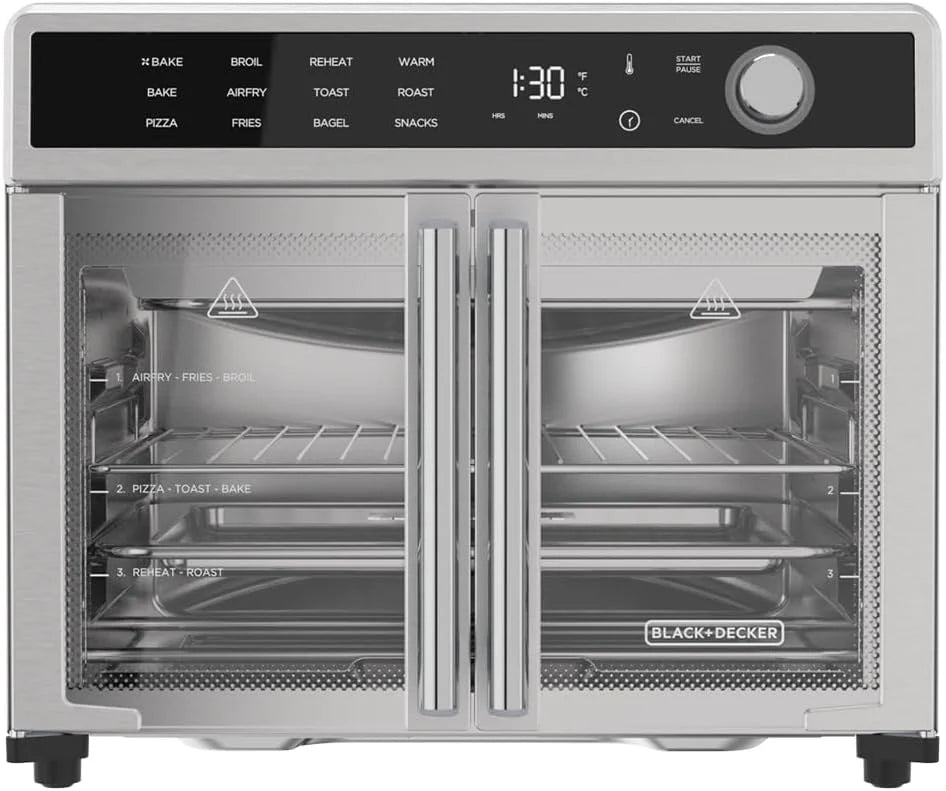Fryer Toaster Oven Combo. 12 in 1 Countertop Convection Oven Cooks Food Fast. Fits a Whole Pizza or 6 Toast Slices. French Doors with Stainless Steel Finish