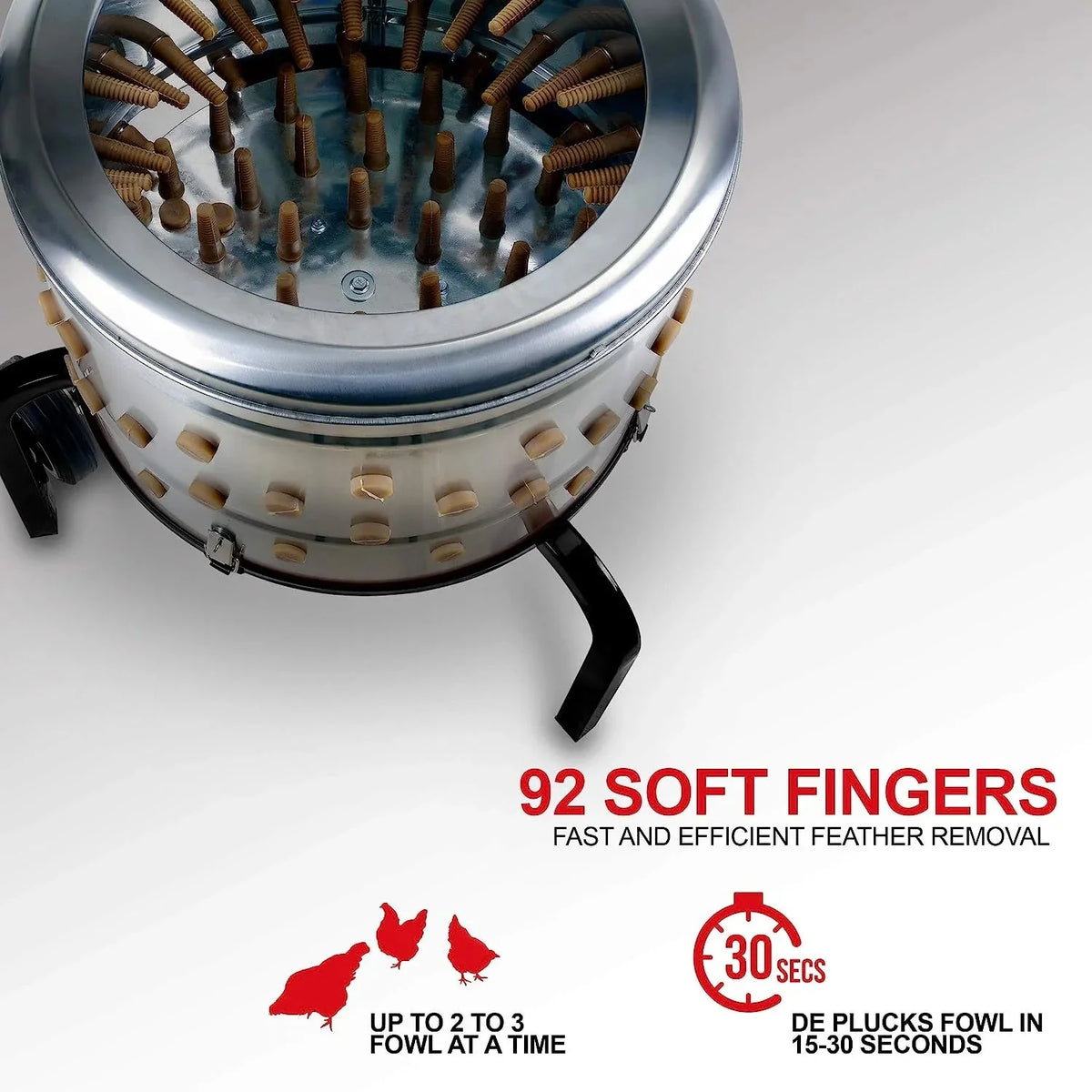 1 HP Electric Chicken Plucker. Stainless Steel. 120VAC. 280 RPM. 20-Inch Drum. 92 Soft Fingers