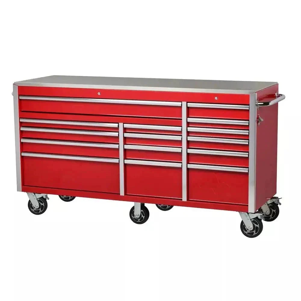 72-Inch W x 24-Inch D 15-Drawer Mobile Workbench with Stainless Steel Top and Dual Locks. Red