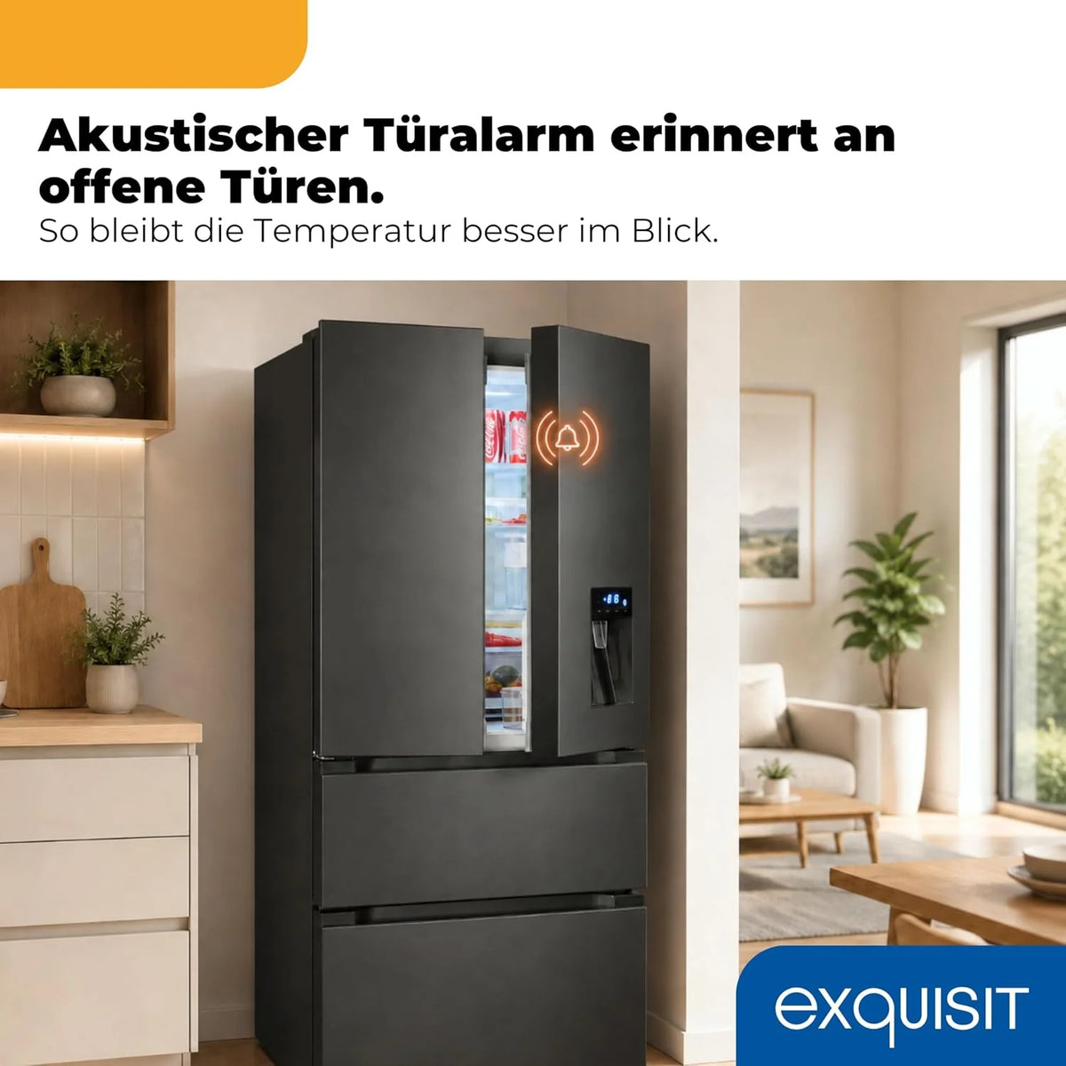 Exquisit Frenchdoor Kühl-Gefrierkombination | 506 l Nutzinhalt. Energieklasse E. 41 dB. No Frost Kühlen & Gefrieren. Schnellgefrieren. Wasserspender.