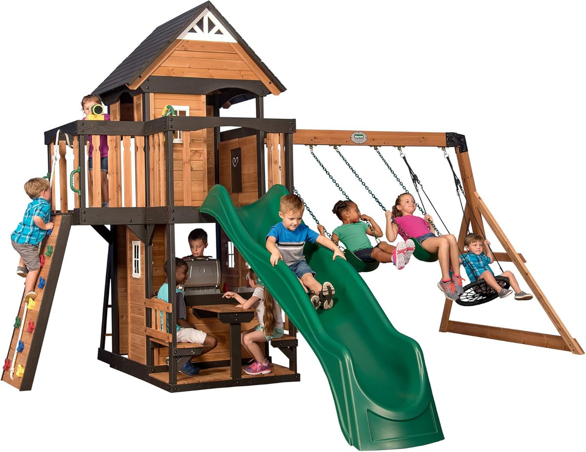 Gorge Creek Pure Pine Swing Set. Playhouse with Barbecue Grill. Plastic Utensils. Picnic Area. Steering Wheel. Double-Padded Swing. Rock Climbing Wall. Balcony. Terrace. Mesh Swing (Green Slide)