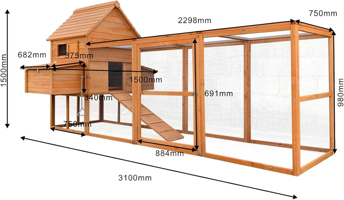 Wiltec Hühnerstall 3100 x 1500 x 1500 mm braun mit Freilauf und Nistkästen aus Holz. Hühnerhaus mit Unterschlupf. Gitter und Kotwanne verzinkt
