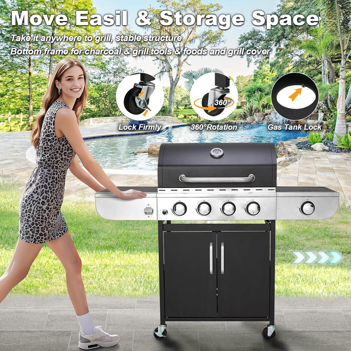 4-Burner Propane Gas Grill with Cast Iron Grates. Side Stove and 44.000 BTU Stainless Steel Burners