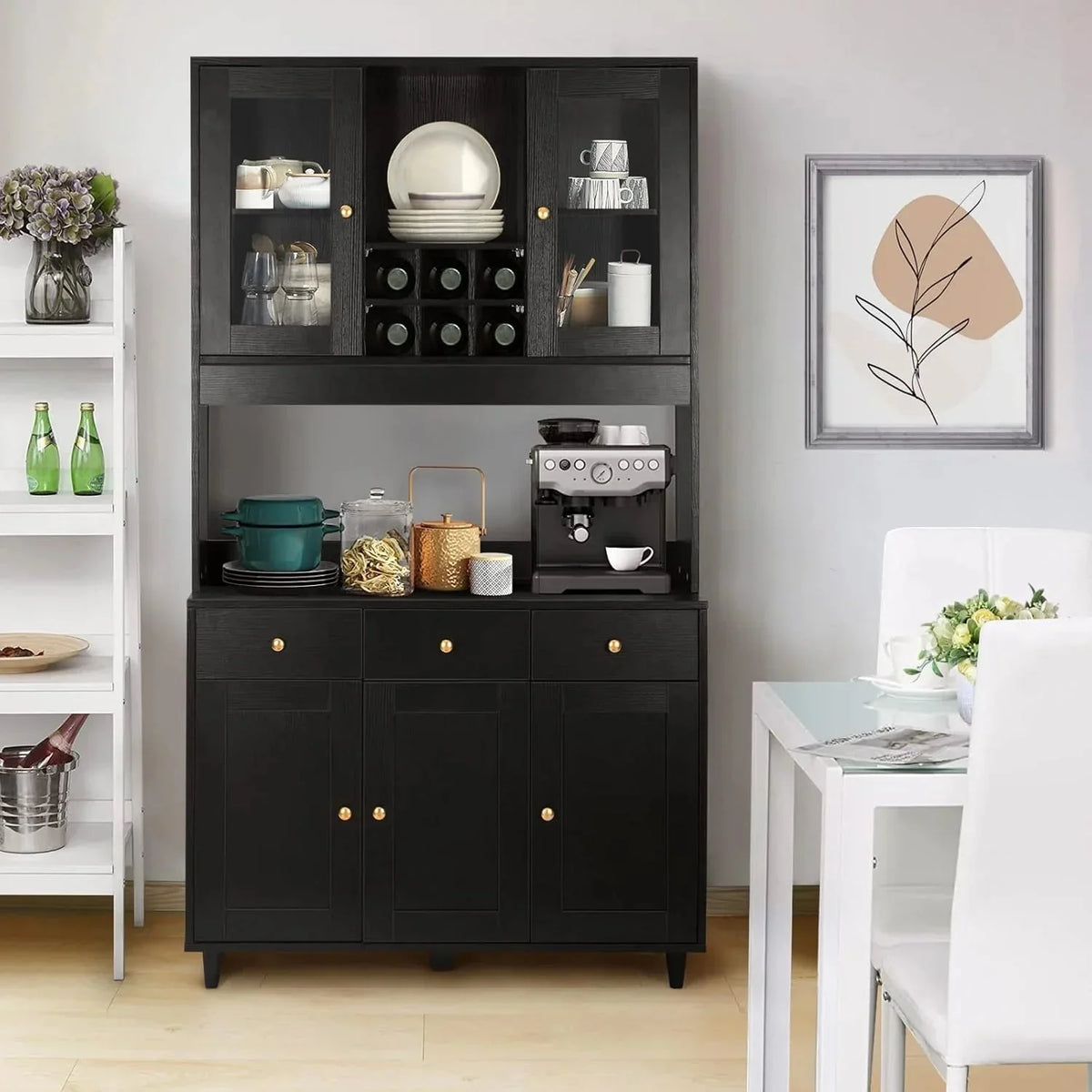 VOWNER Armario Aparador Cocina/Buffet. 100L x 38W x 181H cm. Mueble Auxiliar de Almacenaje. 5 Puertas y 5 Baldas Ajustables. Blanco