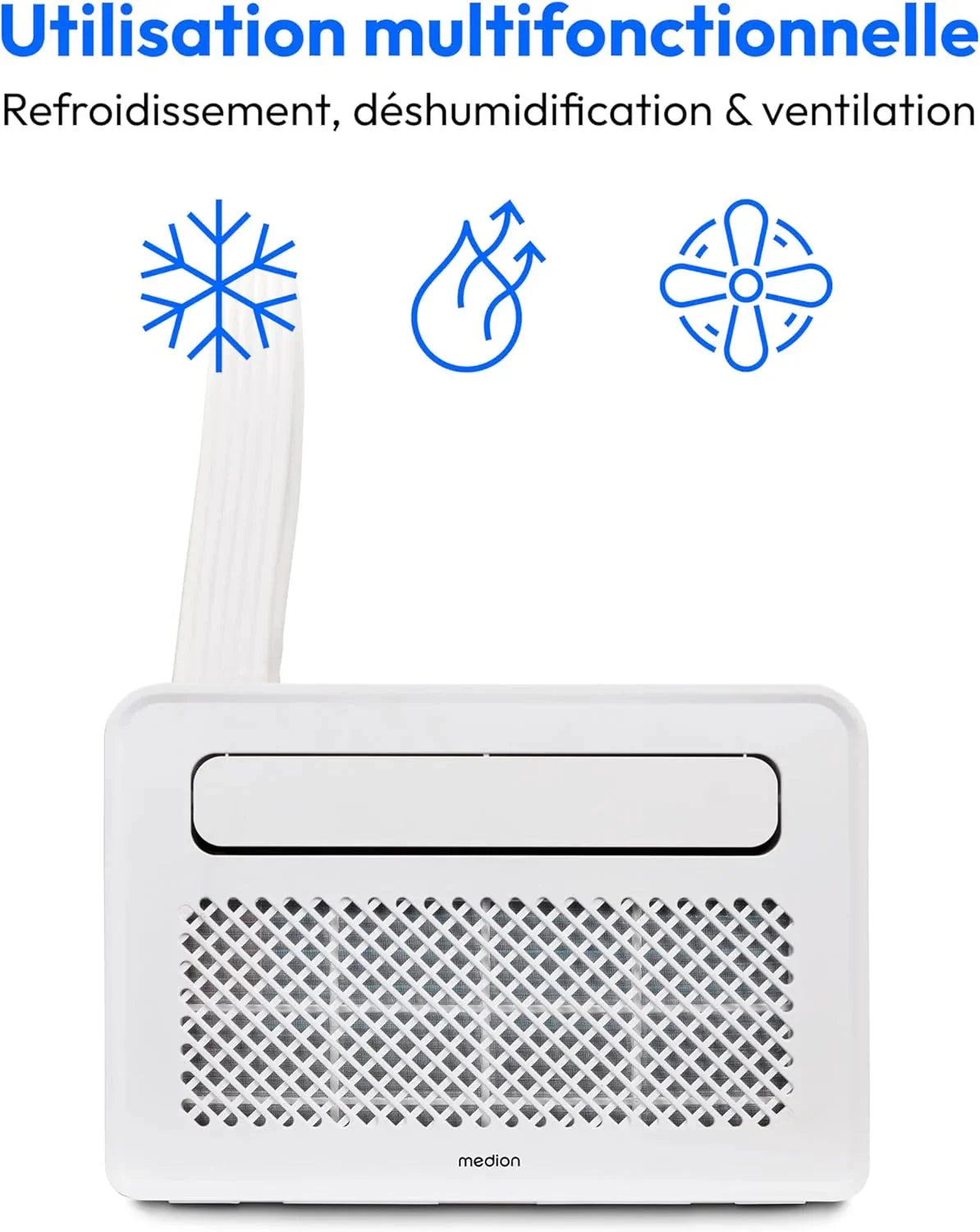 MEDION Smart Climatiseur Split P502 (5000 BTU. 3-en-1. Refroidir. Déshumidification. Ventilation. pour caravane. camping-car. kit de joint de fenêtre.