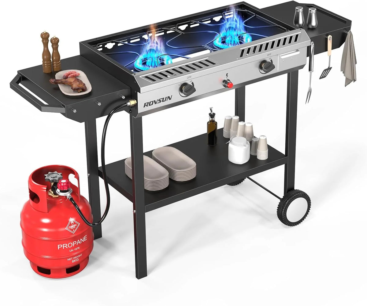 2-Burner Outdoor Propane Gas Stove with Griddle. Auto-Ignition. Regulator and Side Shelves. 150.000 BTU