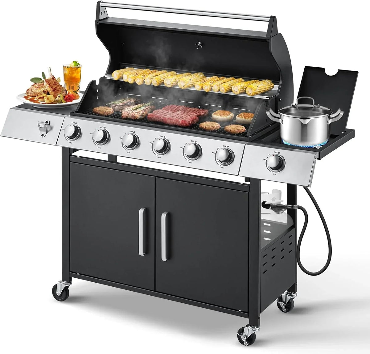 4-Burner Propane Gas Grill with Cast Iron Grates. Side Stove and 44.000 BTU Stainless Steel Burners