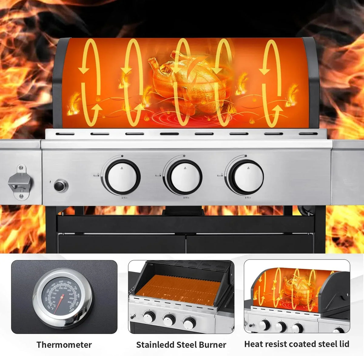 4-Burner Propane Gas Grill with Cast Iron Grates. Side Stove and 44.000 BTU Stainless Steel Burners