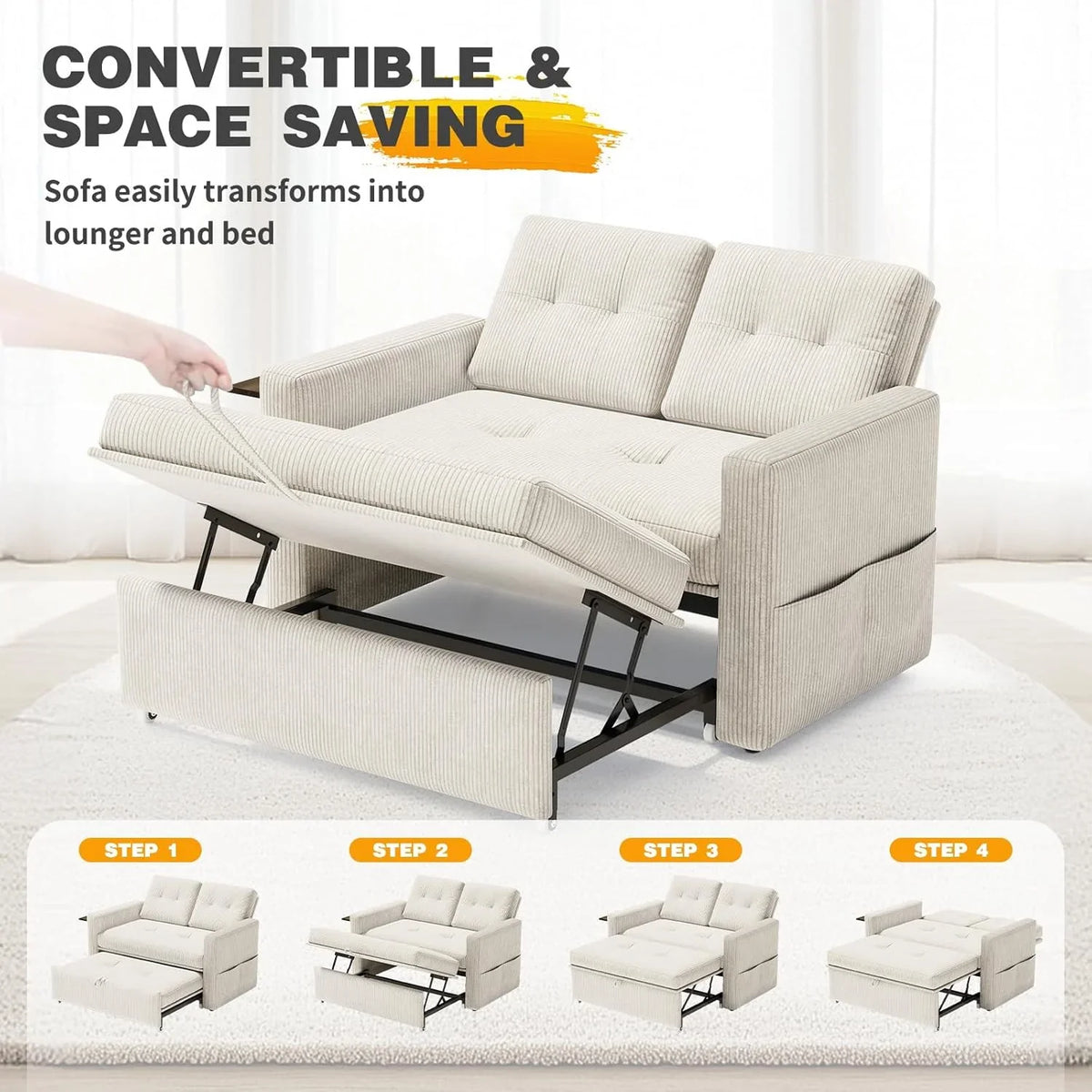 YOUDENOVA Sofá Cama 3 en 1. Sillón Cama multifunción. Sofá reclinable con Respaldo Regulable en 5 Posiciones. Sofá Cama para 2 Personas con Mesa y