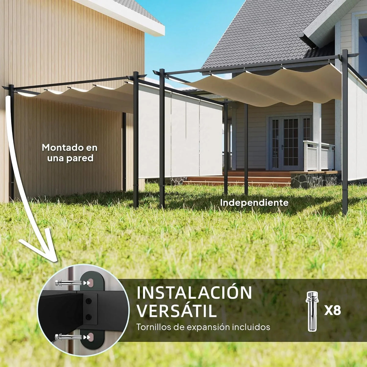 Outsunny Pérgola de Jardín 4x3 m con Techo Retráctil y 3 Laterales Enrollables. Cenador de Jardín Montado en Pared o Independiente. con UPF30+.