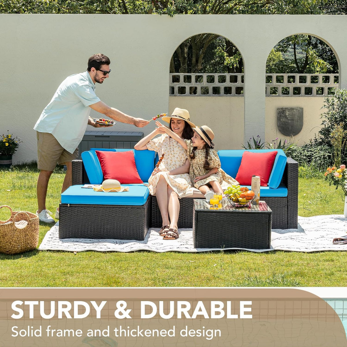 5-Piece All-Weather Patio Furniture Set with Cushions. Outdoor Wicker Conversation Sofa Set for Garden. Deck & Backyard