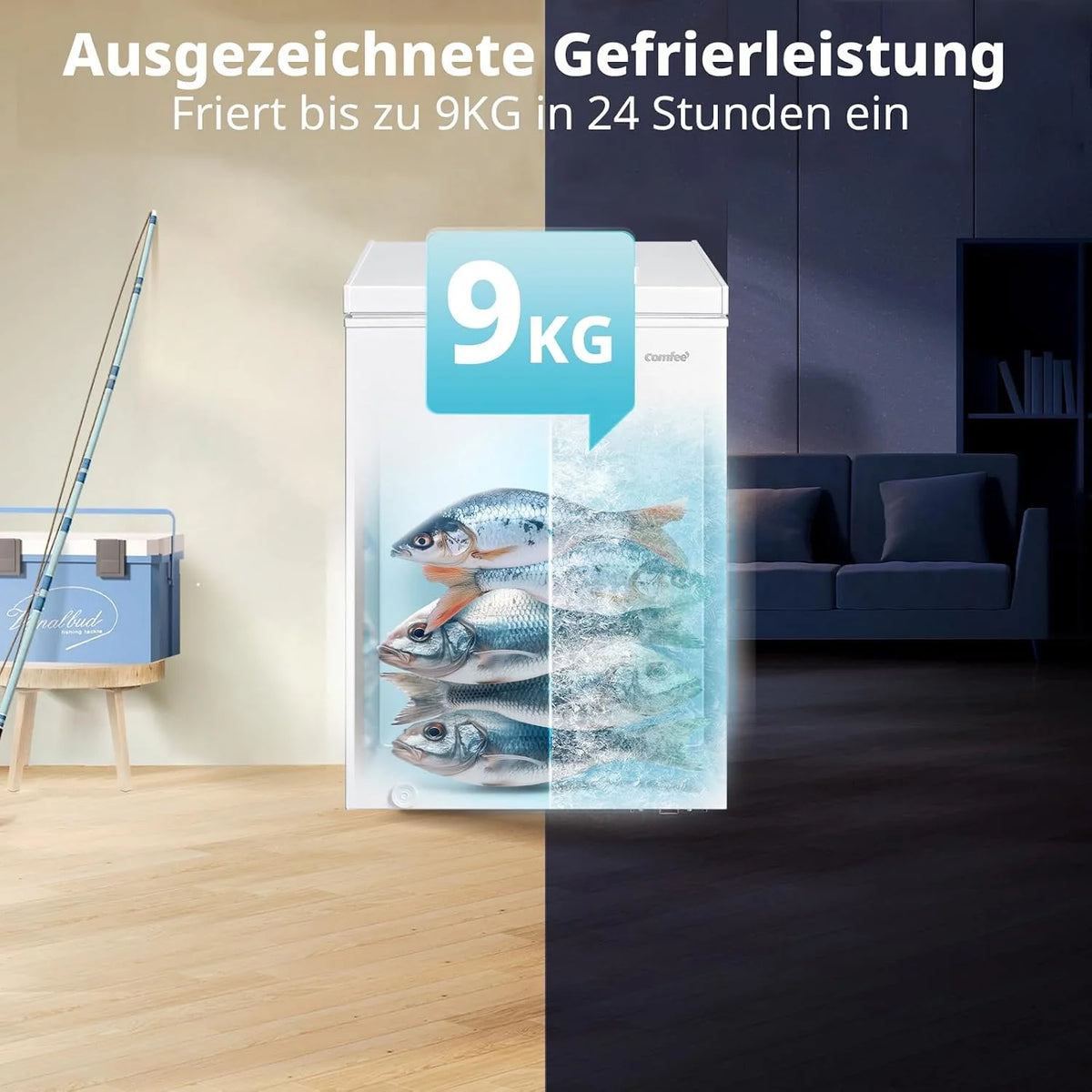 Comfee 198L Gefriertruhe. leise 37 dB. 4-Sterne-Gefrieren. Kühl-/Gefrier-Konvertierung (1–10°C / -24––12°C). 24‐h‐Schnellgefrierung 9kg.