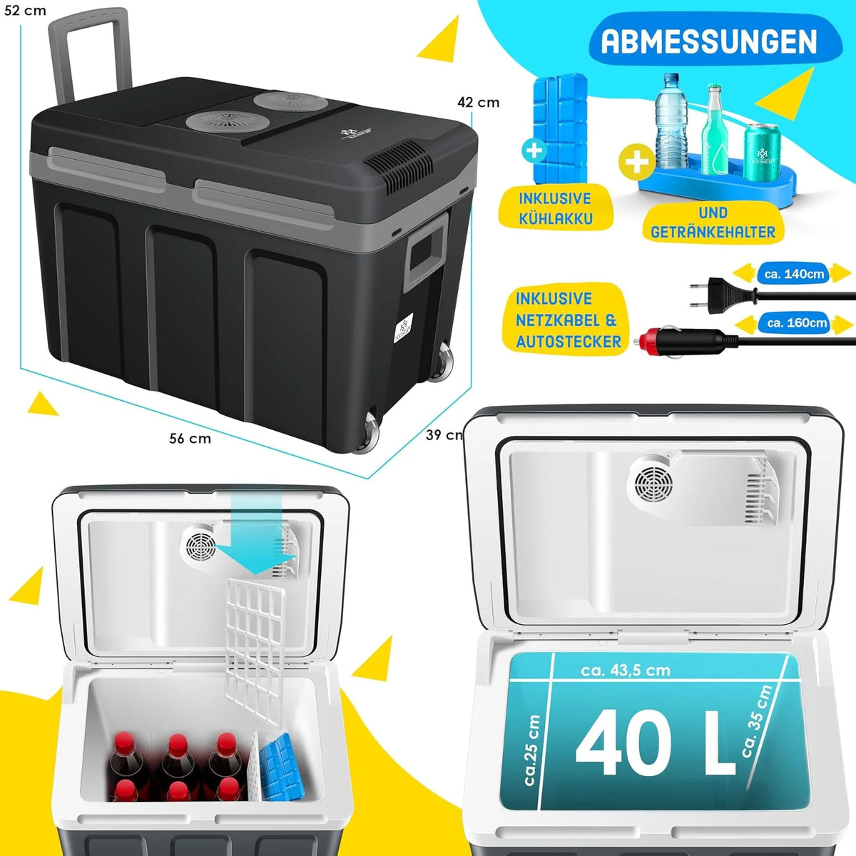 KESSER Nevera eléctrica portátil 40L con Ruedas | Calienta y enfría | Termoeléctrica | Mini Nevera | 12V y 230V | para Coche. Camping y Enchufe | Modo