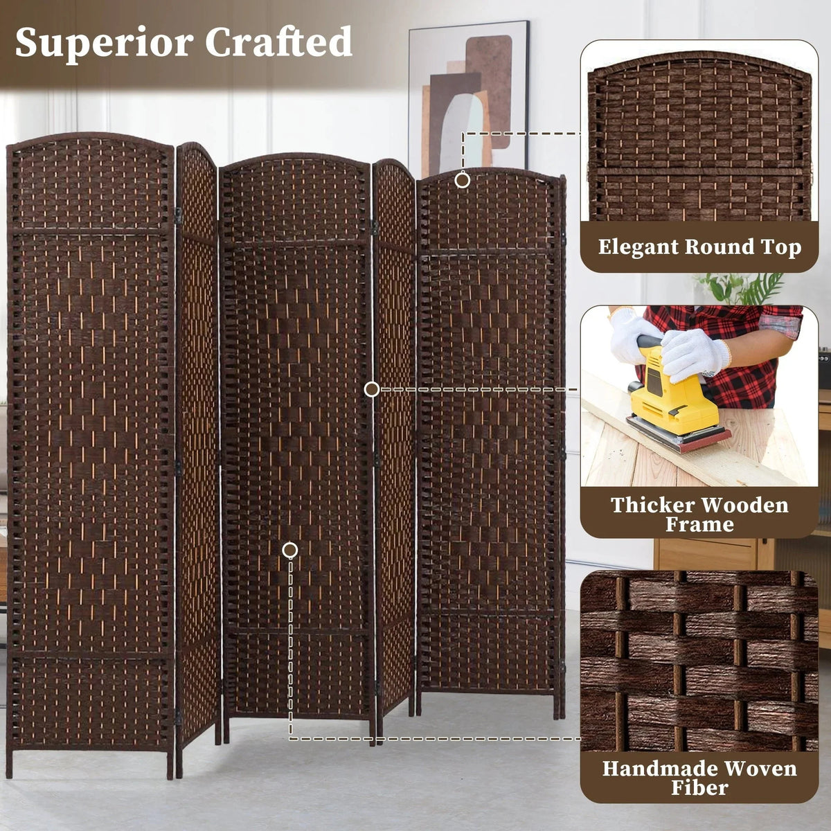 6 FT Tall Woven Fiber Room Divider. Freestanding Folding Privacy Screen