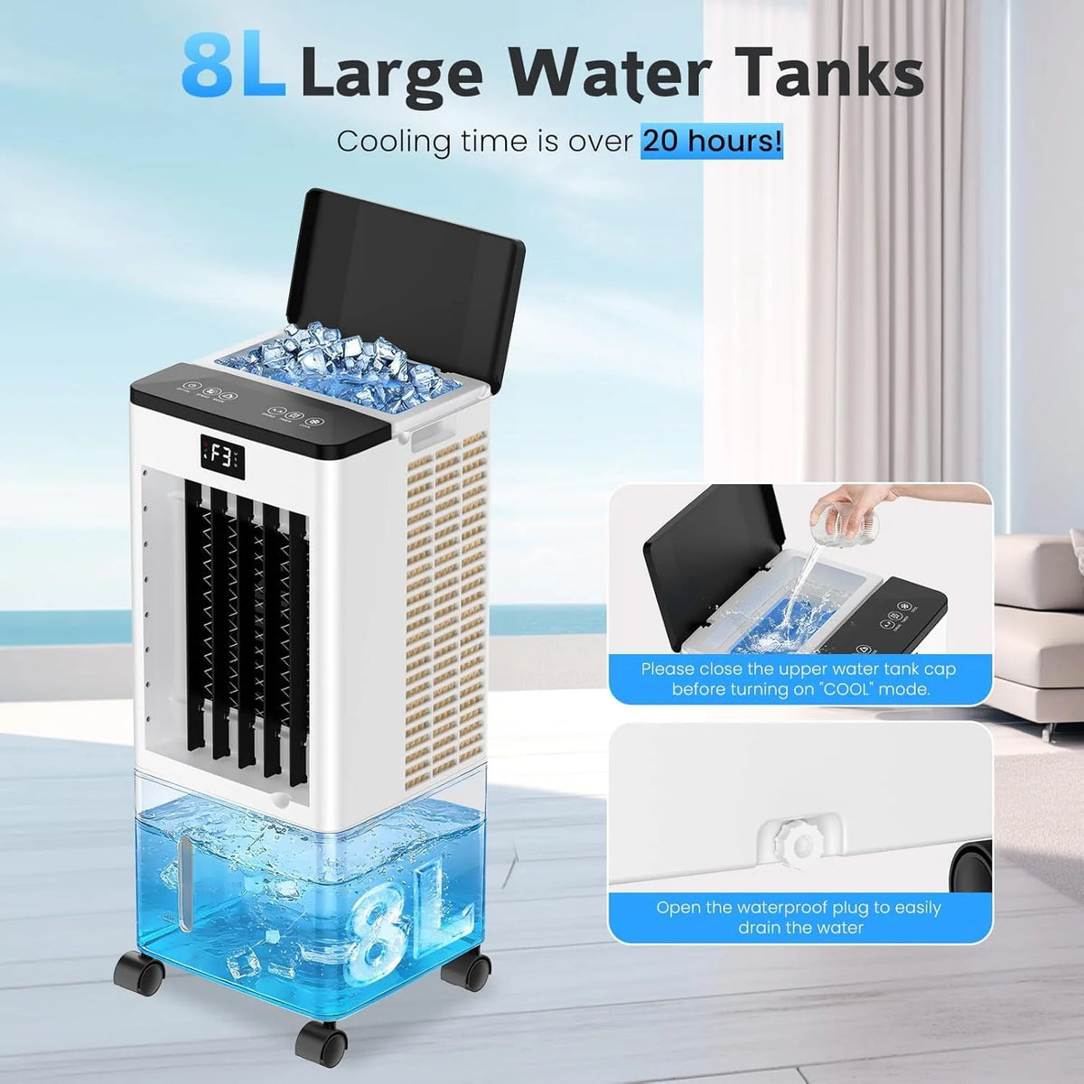 Aire Acondicionado Portátil sin Tubo. Enfriador de Aire Grande 4 en 1. 4 Modos 3 Velocidades. Climatizador Evaporativo 60W. Temporizadores de 1-12 H.