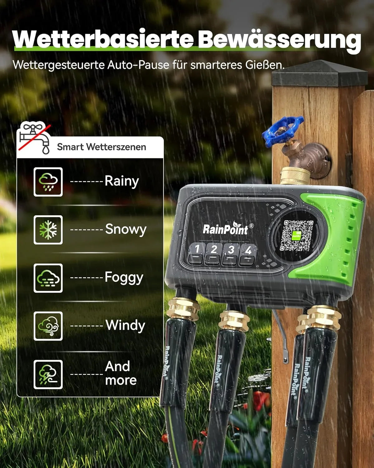 RAINPOINT Bewässerungscomputer WLAN mit 4 Ausgängen. Messing Ein- und Ausgang. Bewässerungsuhr 4 Zonen mit wetter- & bodenbasierter Steuerung. App- &
