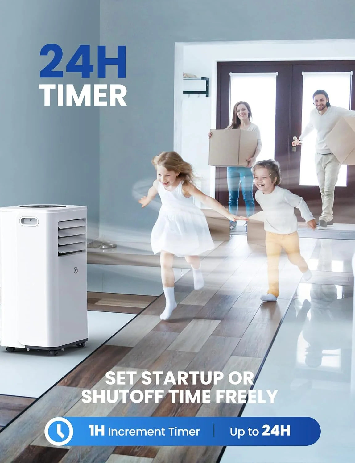 9000 BTU Aire Acondicionado Portátil. 4 en 1: Refrigeración. Ventilador. Deshumidificador y Modo Sueño. Silencioso. con Mando. Temporizador 24h y Kit