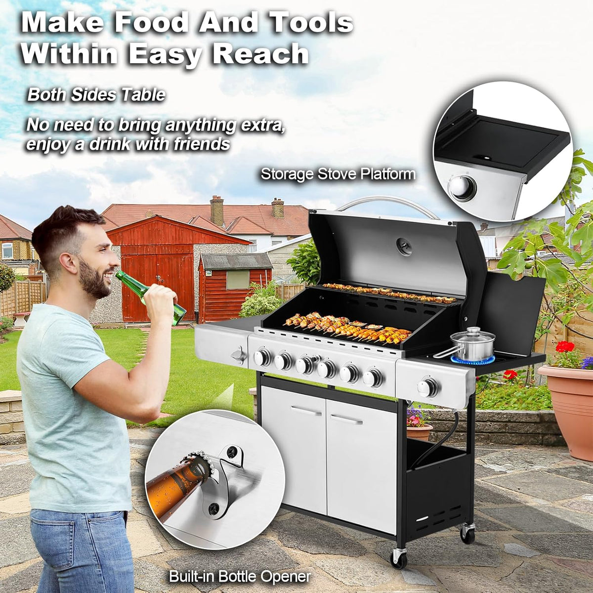 4-Burner Propane Gas Grill with Cast Iron Grates. Side Stove and 44.000 BTU Stainless Steel Burners