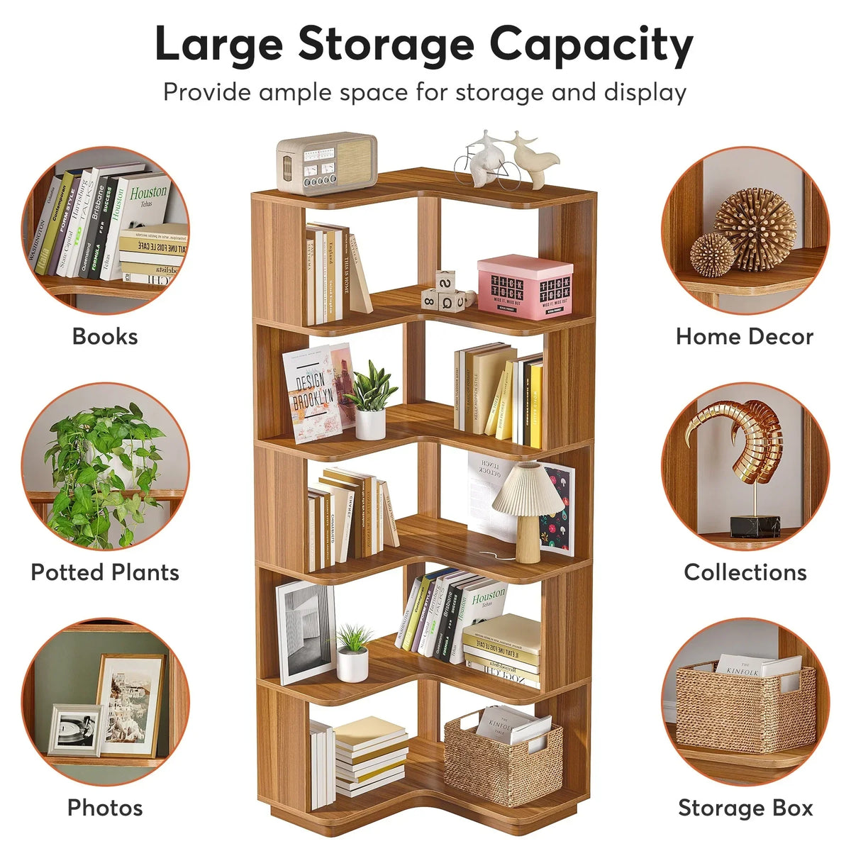 64.9 Inch Tall 6-Tier Corner Bookshelf. Freestanding Wood Industrial Bookcase