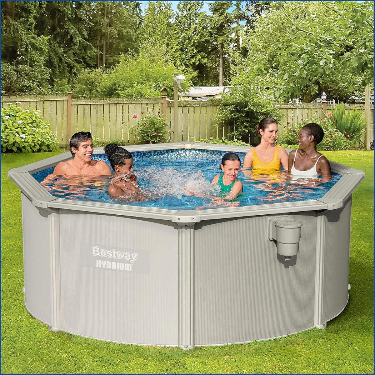 Bestway Hydrium - Piscina de Pared de Acero con Filtro de Arena. diámetro de 300 x 120 cm. Gris. Redonda