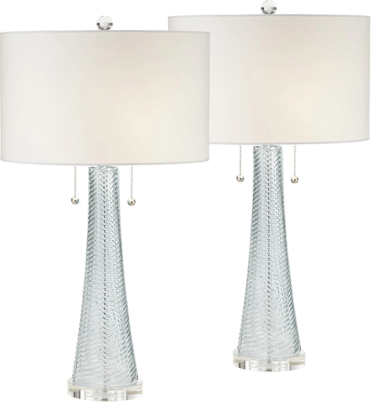 Modern desk lamp. 28.5 inches high. 2 sets. Features a sky-blue textured glass lampshade and a white cylindrical lampshade with a vortex pattern. Suitable for living room. bedroom. bedside table. night light. office. and home use.