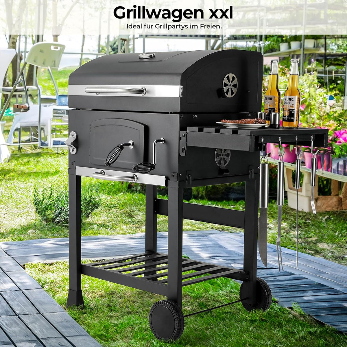 Barbacoa de Carbon XXL. Parrilla de Carbón con Chimenea y Tapa. Parrilla con Carrito BBQ Smoker con Ruedas y Termómetro. Grande BBQ Carbon para