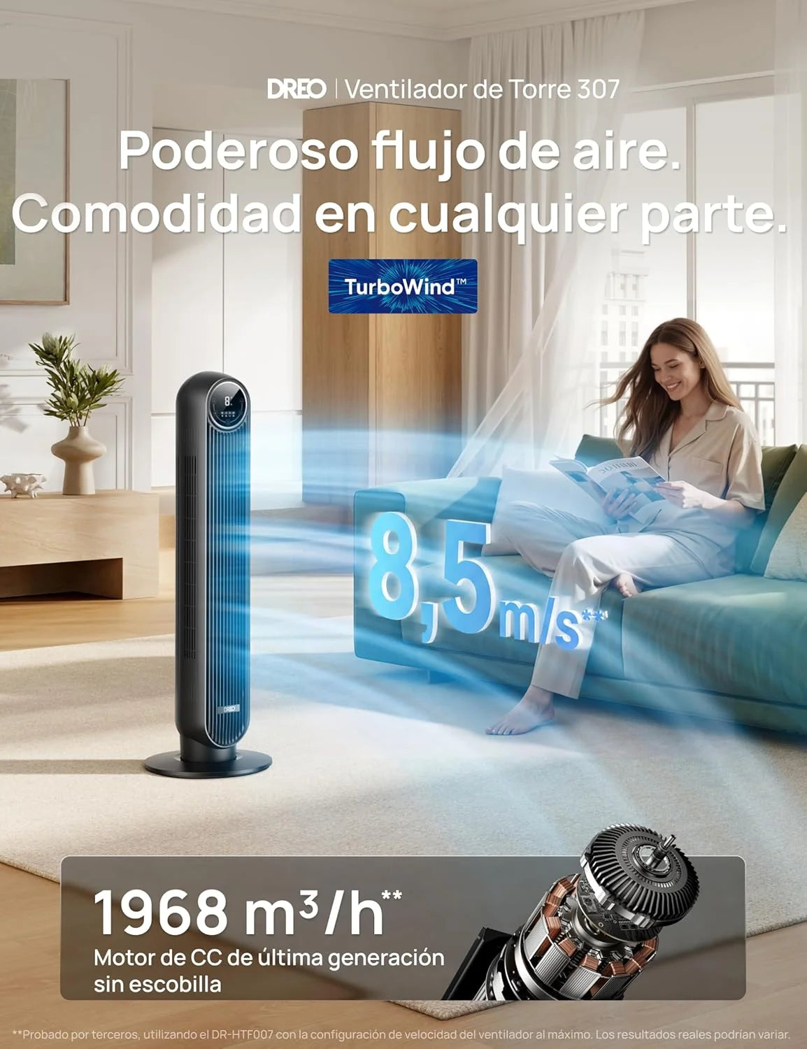 Dreo 20dB Ventilador de Pie Silencioso. Ventiladores de Torre con Velocidad de 7.6 m/s. 4 Velocidades. Rotación de 90°. Temporizador de 8 Horas.