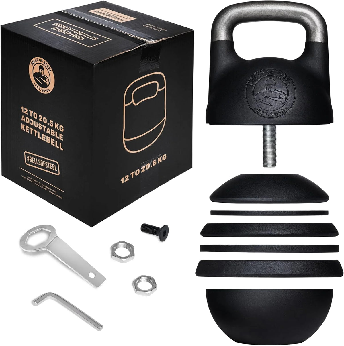 Adjustable Kettlebell Set [Bells of Steel] Kettle Bell Weight Set. Steel Shell. Internally-Loaded for Full Body Workouts. Competition Standard 35mm Handle. 12-20.5kg