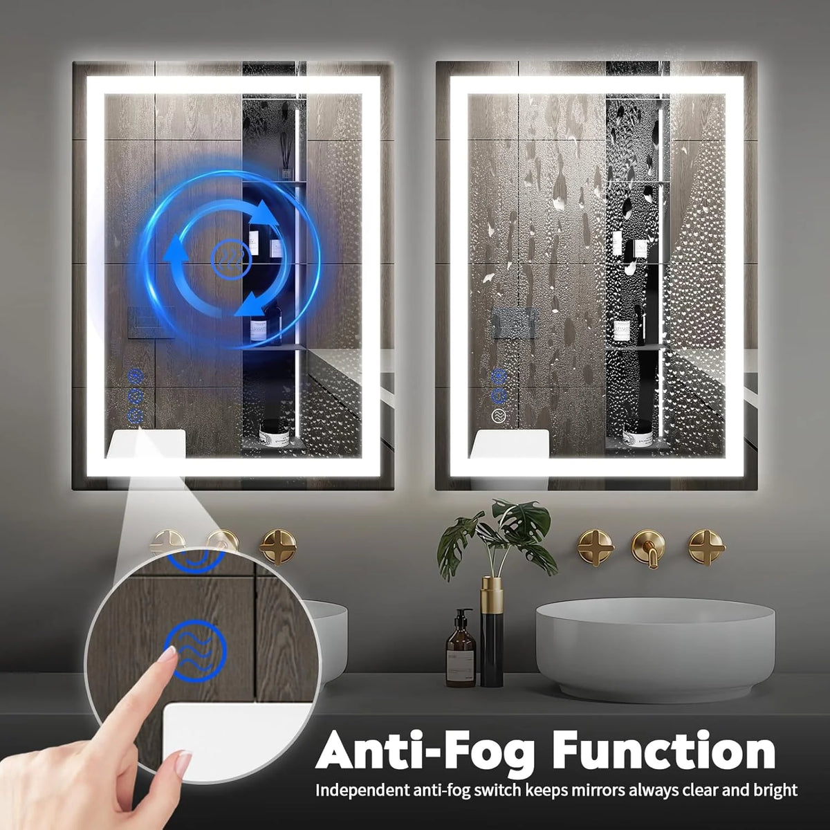 LED wall-mounted makeup mirror with lights - suitable for wall-mounted large makeup tables. Features intelligent touch buttons. anti-fog. water resistance. adjustable dimming. color adjustment. and magnifying glass function.