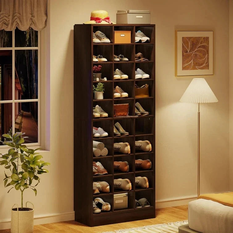 10-Tier Tall Shoe Cabinet. 30-Pair White Wood Shoe Storage Rack for Entryway and Closet