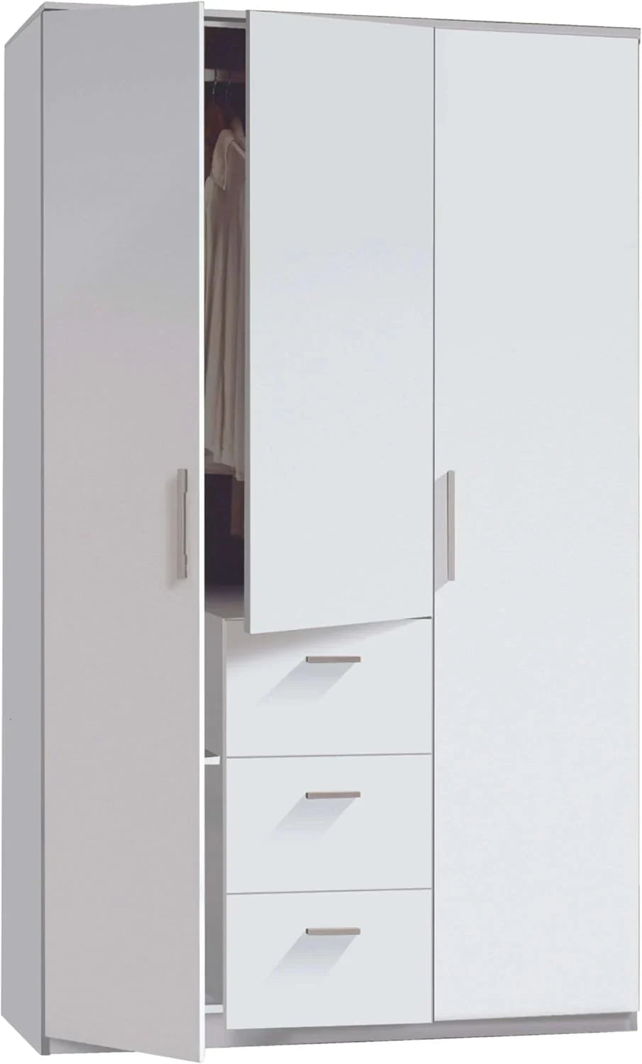 Habitdesign Armario Ropero 3 Puertas y 3 cajones. 203x117x52 (AltoxAnchoxFondo - en Cm). con Barra Colgadora y Estantes. Color Blanco Brillo