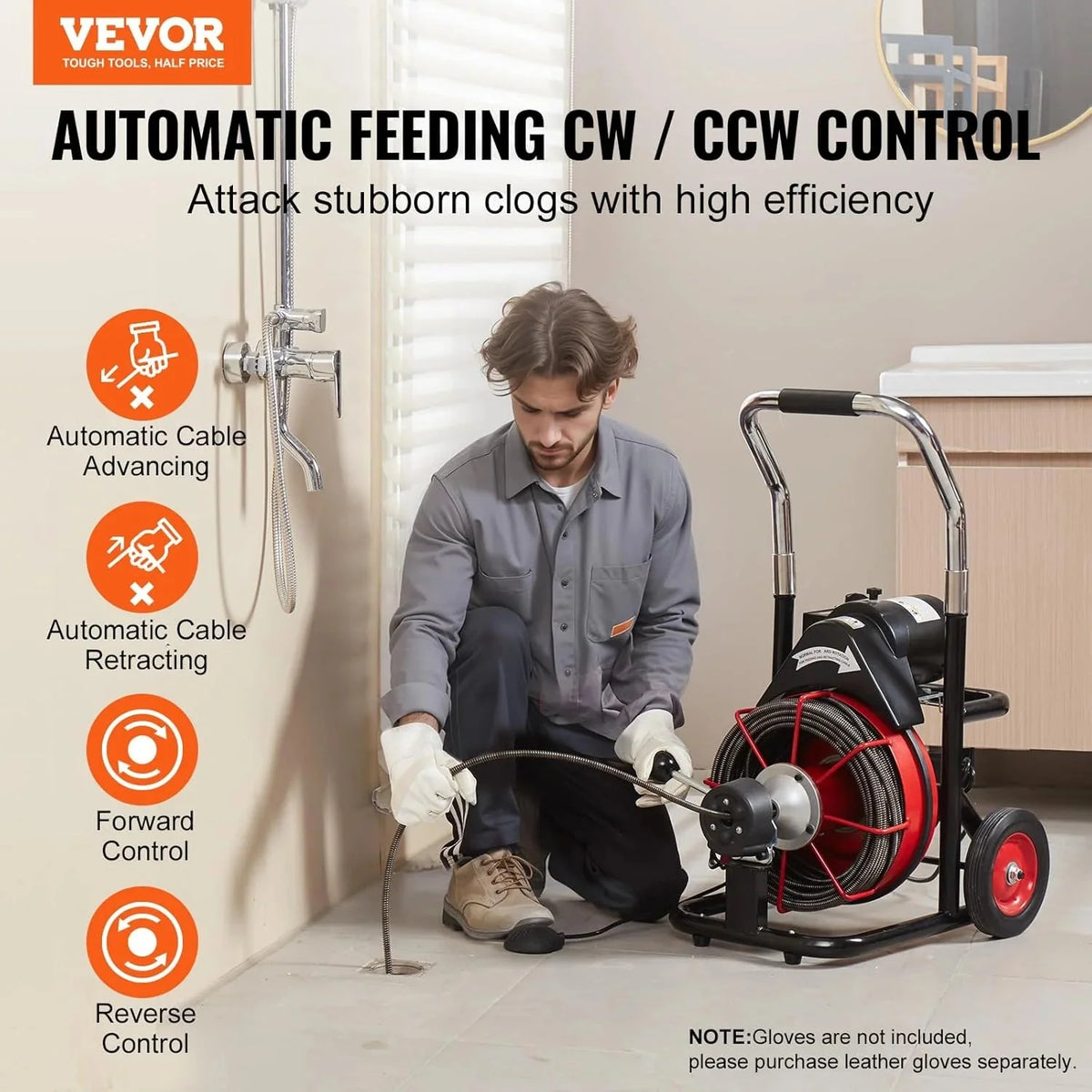 550W Drain Cleaning Machine. 100-Ft. x 1/2-Inch Sewer Snake Auger with 8 Cutters. Wheels and Foot Switch. for 2-4-Inch Pipes