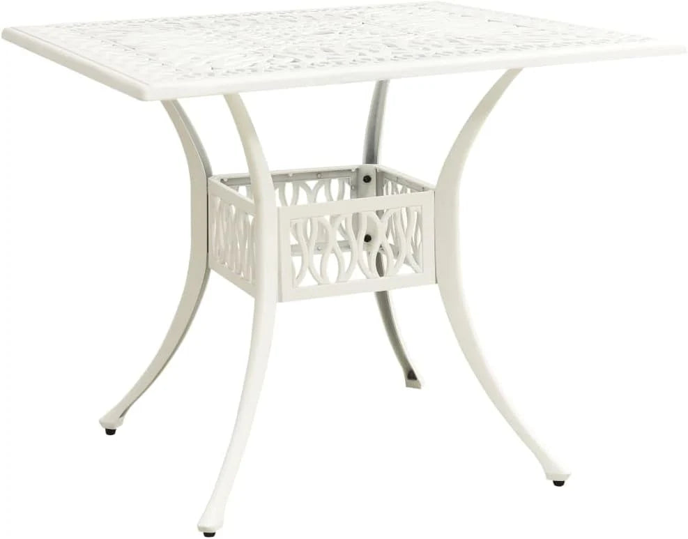 Bronze terrace table. made of cast aluminum. suitable for outdoor use. square design. stable and durable. with dimensions of 35.4 inches × 35.4 inches × 28.7 inches. equipped with umbrella holes. requires assembly.