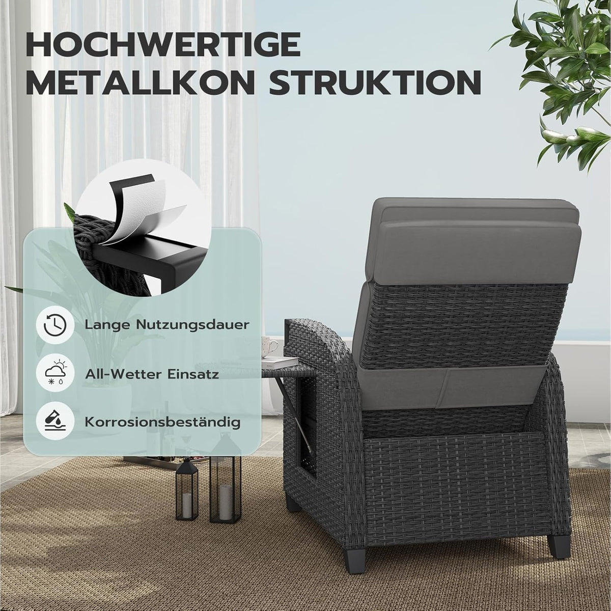 UDPATIO Sillón Ratán Jardin Exterior Reclinable. Tumbona de Jardín Ajustable 150°. con Respaldo Ajustable. Fundas + Extraíbles Cojines. Impermeable.