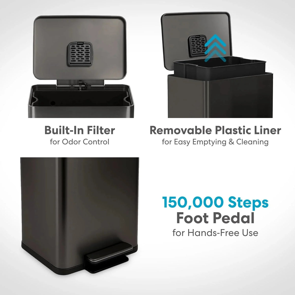 13.2 Gallon Step Trash Can. Hands-Free Kitchen Garbage Bin with Odor Control