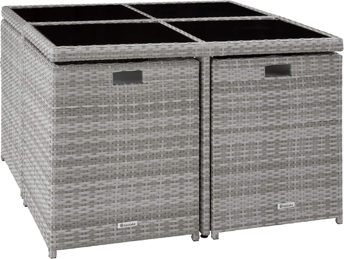tectake Lounge Möbel Set 4X Stühle. 4X Hocker. 1x Tisch. platzsparende Cube Aufbewahrung. Outdoor Rattan Gartenmöbel für Balkon. Garten und Terrasse.
