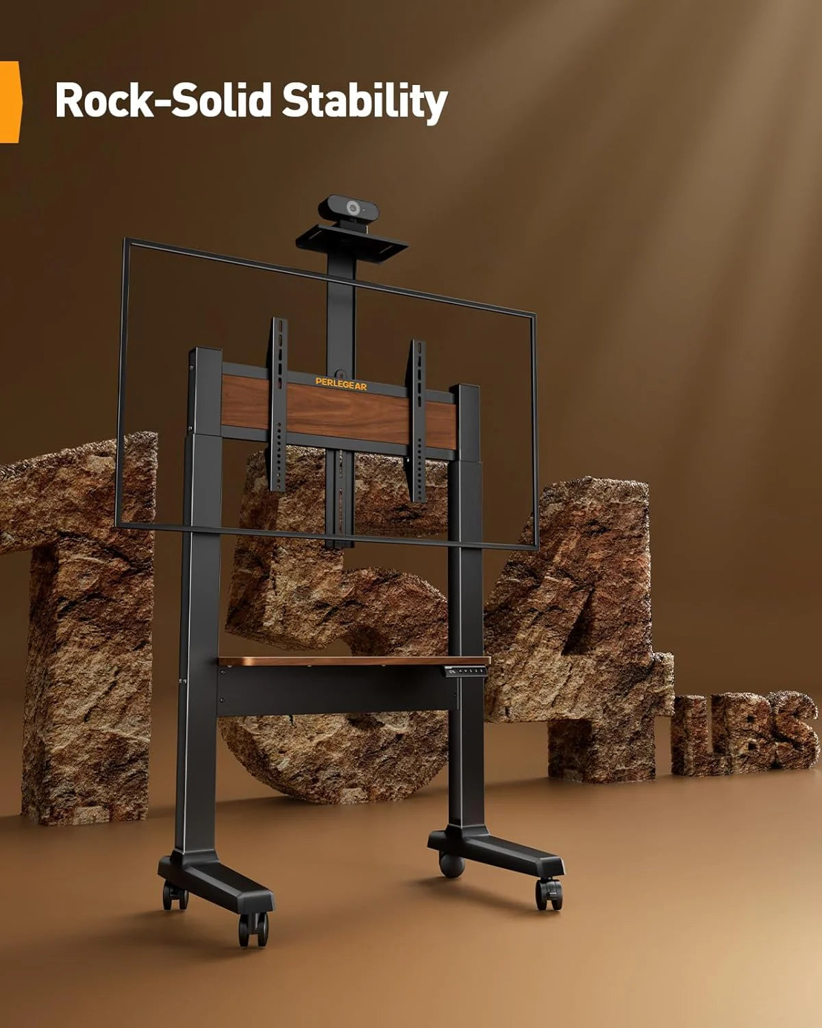 Motorized Mobile TV Stand on Wheels for 37–86 Inch TVs up to 154 lbs. Electric Height Adjustable Rolling TV Stand. VESA 200x200–600x400mm. Wooden Shelf & Panel. PGTVMC26B