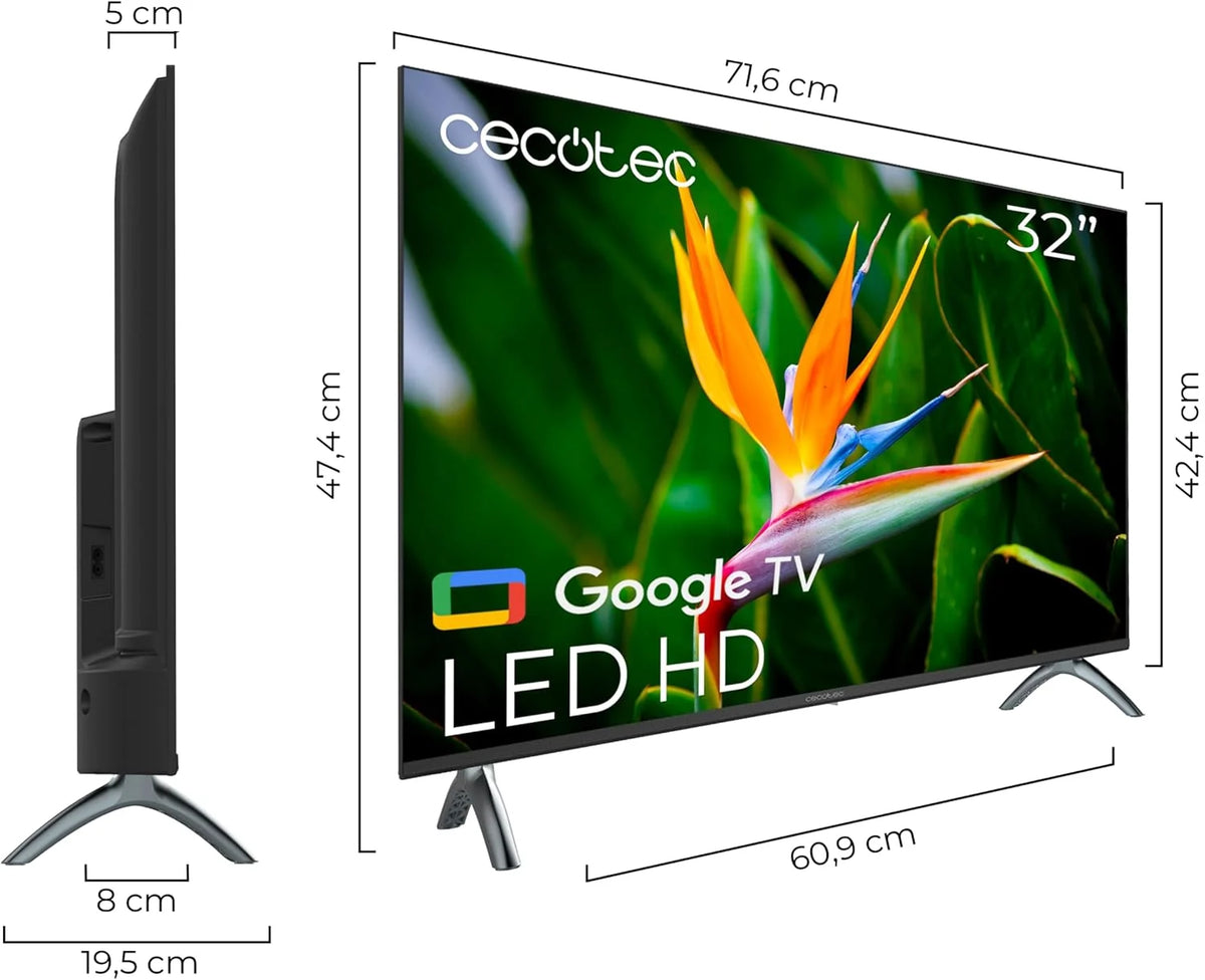 Cecotec Smart TV. Televisor LED de 32 Pulgadas Resolución HD A4 Series ALH40032S. Sistema Operativo Google TV. Dolby Audio. HDR10. 16 GB de ROM.