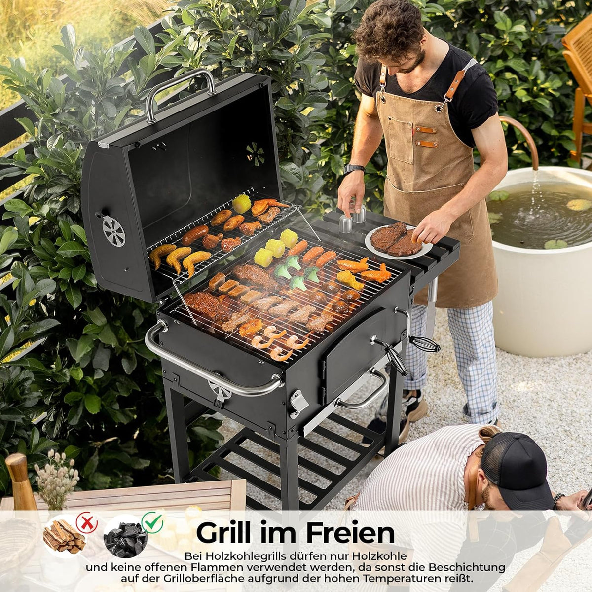Barbacoa de Carbon XXL. Parrilla de Carbón con Chimenea y Tapa. Parrilla con Carrito BBQ Smoker con Ruedas y Termómetro. Grande BBQ Carbon para