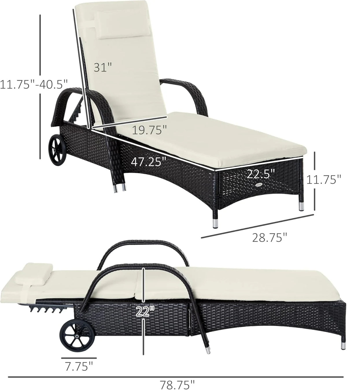 Wicker Outdoor Chaise Lounge. 5-Level Adjustable Backrest PE Rattan Pool Lounge Chair with Wheels. Cushion & Headrest. Brown and Dark Blue