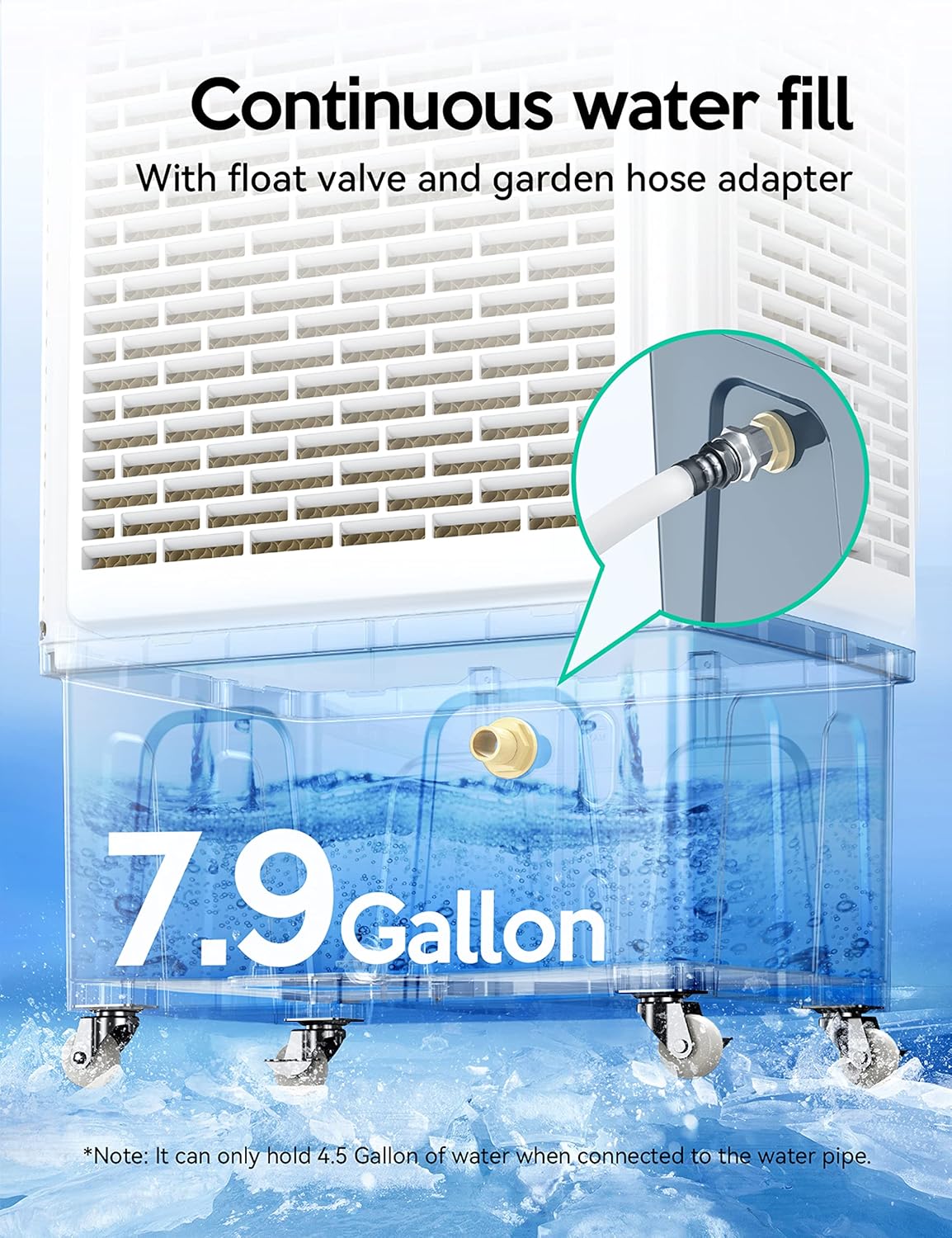 Evaporative Cooler. 2100CFM Air Cooler. 120°Oscillation Swamp Cooler with Remote Control. 24H Timer. 3 Wind Speeds for Outdoor Indoor Use.8 Gallon