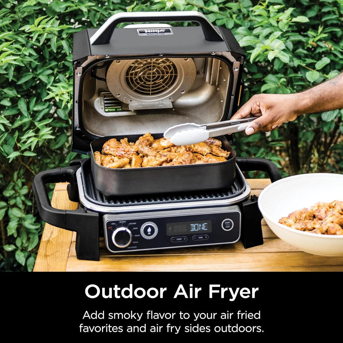 7-in-1 Multi-functional (Barbecue. Slow Roast. Bake. Air Fry. Dehydration. Grill. Smoking) | Portable and highly weather-resistant | Capable of cooking up to 6 steaks and 30 hot dogs | Includes wood pellet fuel
