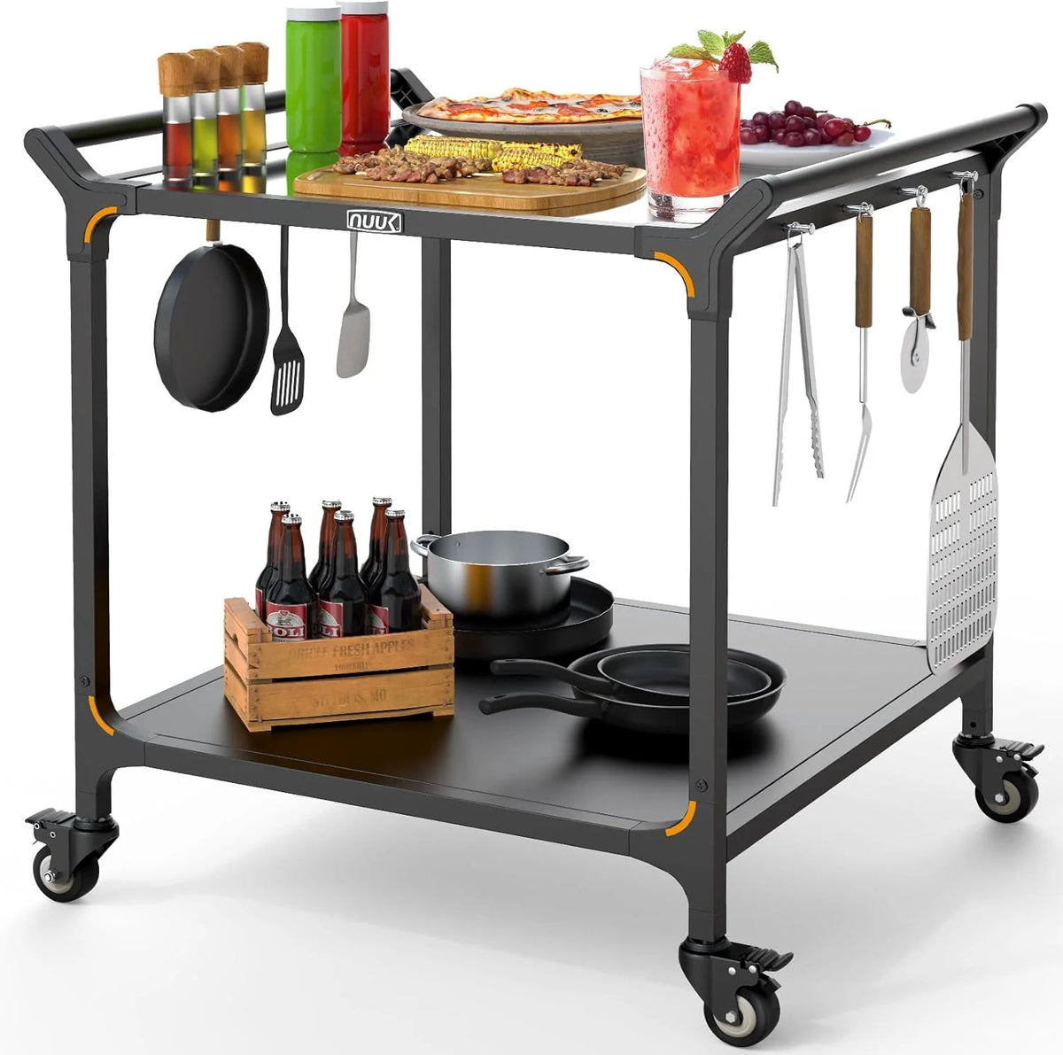 Outdoor barbecue food truck. 32 x 32 stainless steel pizza oven table. mobile barbecue kitchen food preparation cart with double-tiered shelves. suitable for garden patios