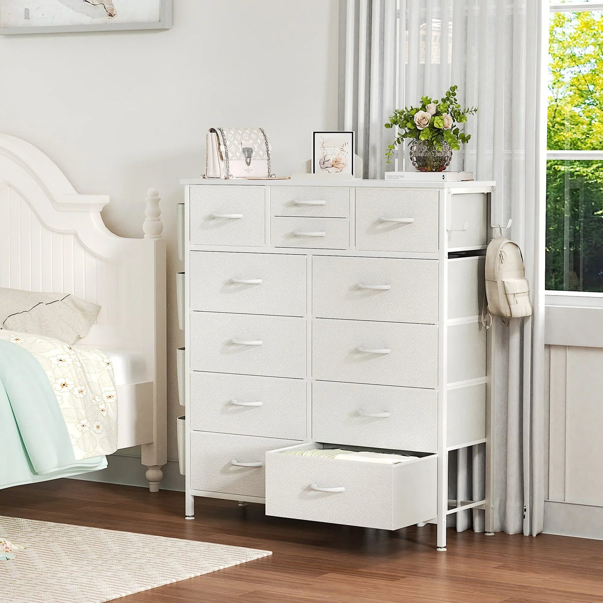 12 Drawer Fabric Dresser. Tall Bedroom Chest of Drawers with Storage