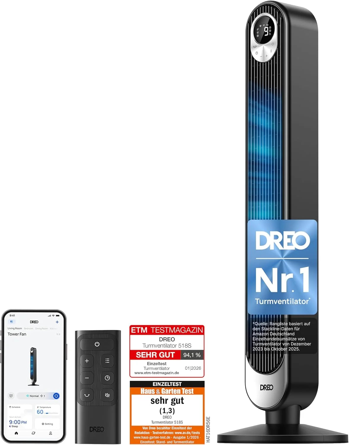 Dreo Smart 20dB DC Motor Turmventilator Leiser. 11M Windentfernung Ventilator mit Fernbedienung.9 Stufen 4 Modi. 90° Oszillierender Standventilator