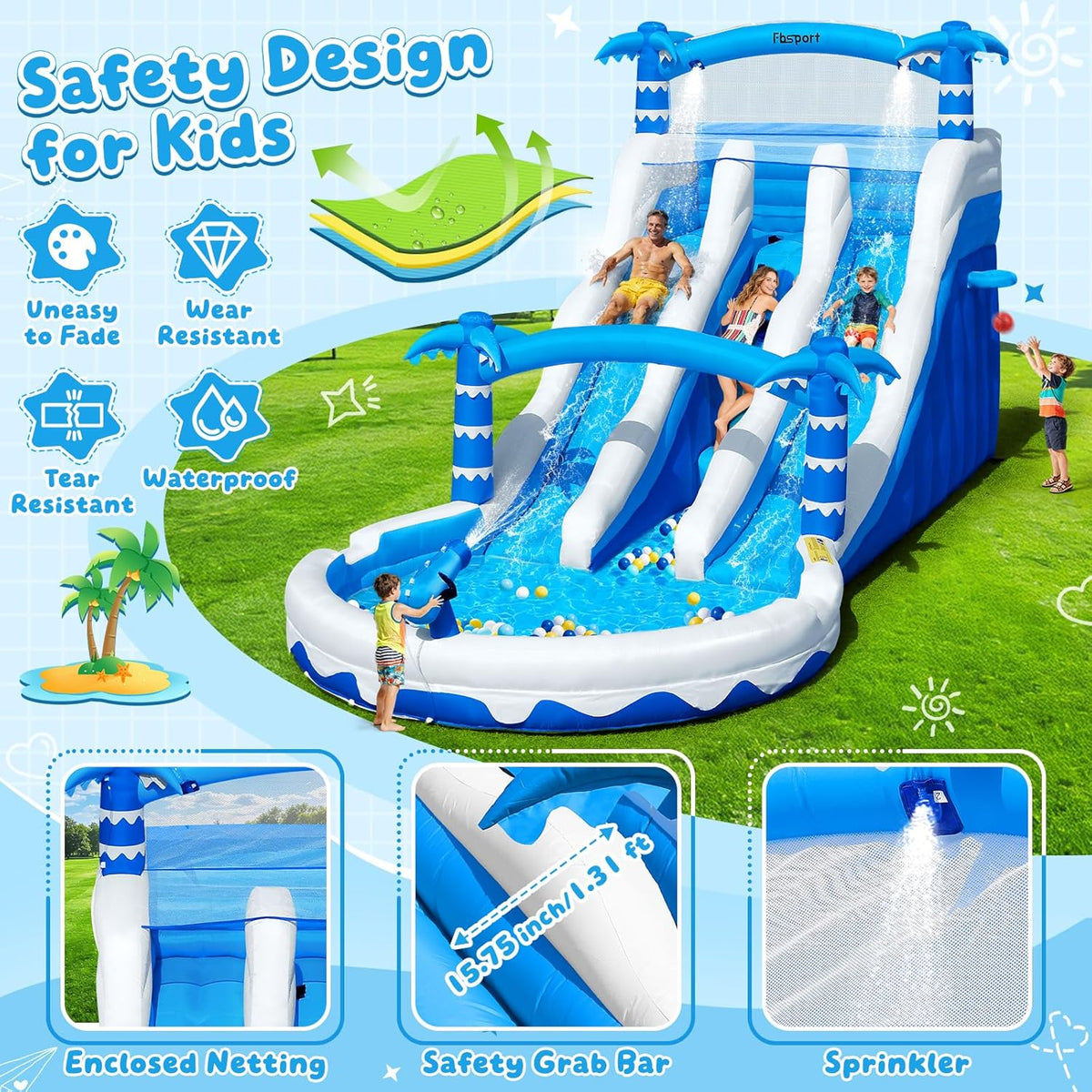Hüpfburg XXL mit 2 Wasserrutsche für Gewerblichen Erwachsene & Kinder. Aufblasbare Bouncy Castle für Indoor Outdoor mit Gebläse Größe Pool Rutsche