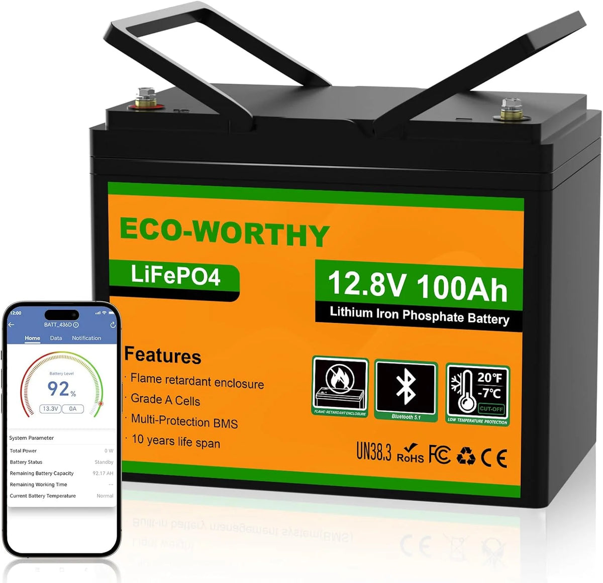 ECO-WORTHY LiFePO4 12V 100Ah Bluetooth mit 100A BMS Low Temperature Schutz und Max. 15000 Zyklens.1280Wh Lithium Batterie 12V 100Ah Autobatterie für
